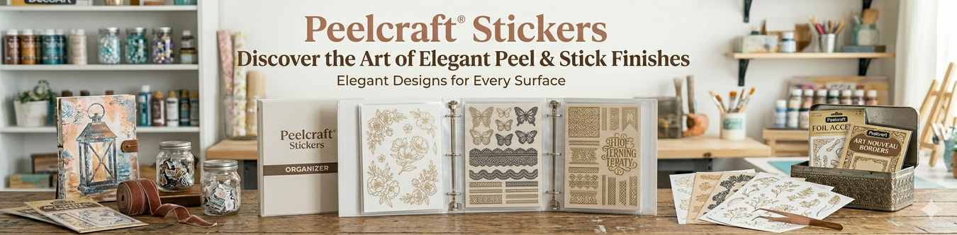 Peelcraft Peel-off Stickers banner showing an open white organizer folder filled with elegant 8x4 inch gold and black sticker sheets on a rustic wooden craft table.