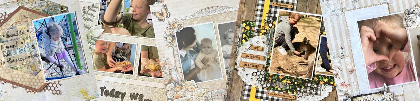 Scrapbooking Layout Kits Collection.A panoramic banner showcasing a diverse range of 12x12 scrapbook layouts, featuring vintage botanical papers, bee-themed honeycomb designs, and sentimental family photo pages with layered paper crafting techniques.