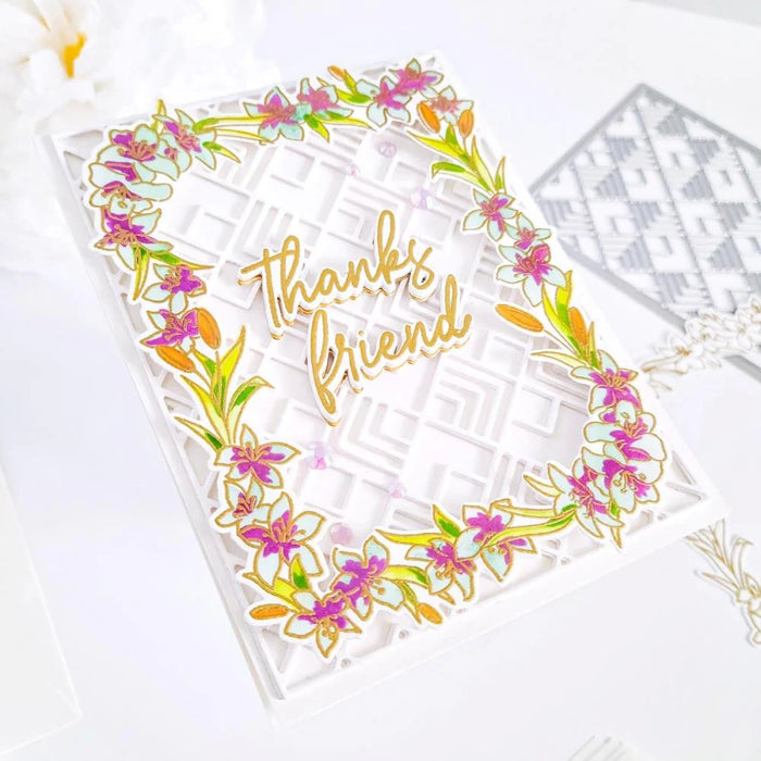 Greeting card using stamp, stencil and die from The Pinkfresh Studio Lily Frame set.