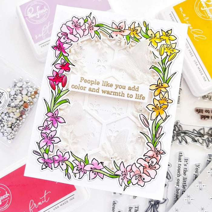 Greeting card using stamp, stencil and die from The Pinkfresh Studio Lily Frame set.