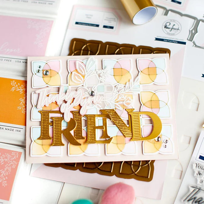 Pinkfresh Studio Overlapping Geo Leaf layering stencil and die used in a card