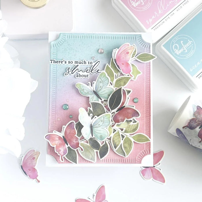 Greeting Card using the Pinkfresh Studio Fluttering Butterflies suite of stamp, stencil and die.