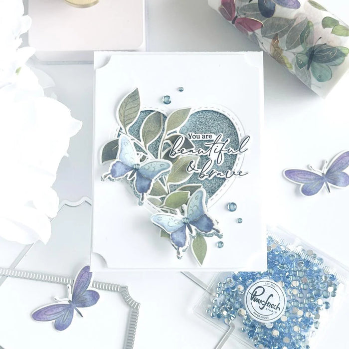 Greeting Card using the Pinkfresh Studio Fluttering Butterflies suite of stamp, stencil and die.