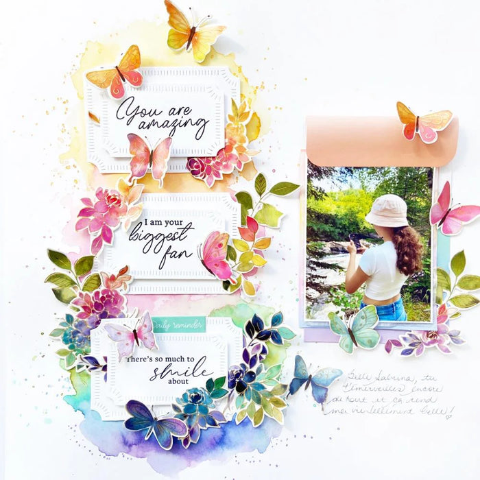 Scrapbook page using the Pinkfresh Studio Fluttering Butterflies suite of stamp, stencil and die.