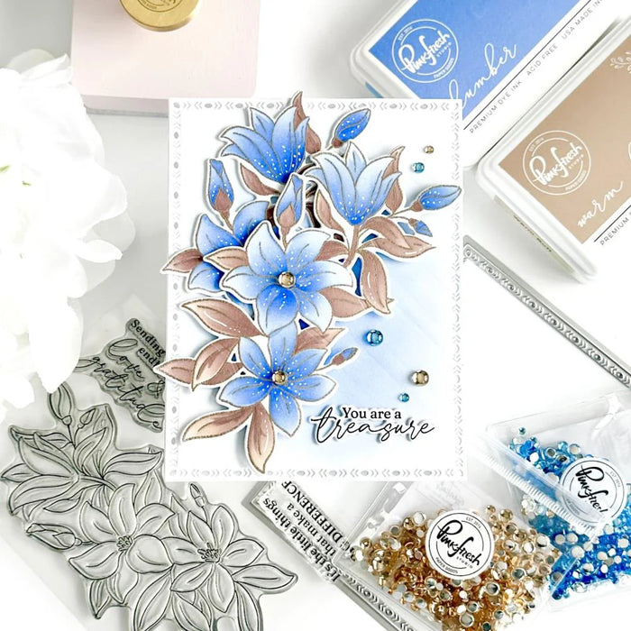  Greeting Card using Pinkfresh Studio Delighted for You clear photopolymer stamp set featuring a lily floral cluster and sentiments.