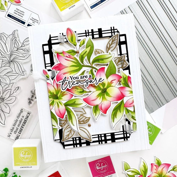  Greeting Card using Pinkfresh Studio Delighted for You clear photopolymer stamp set featuring a lily floral cluster and sentiments.