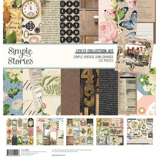 Simple Stories Simple Vintage Junk Drawer 12x12 Paper Collection Kit. This curated kit features a variety of retro-inspired patterns, distressed textures, and warm vintage tones—perfect for scrapbooking, journaling, cardmaking, and mixed-media projects.