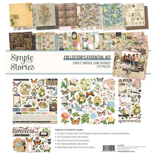 “Simple Stories Simple Vintage Junk Drawer 12x12 Essential Paper Collection with retro patterns and distressed vintage designs.” 202 pieces per pack.