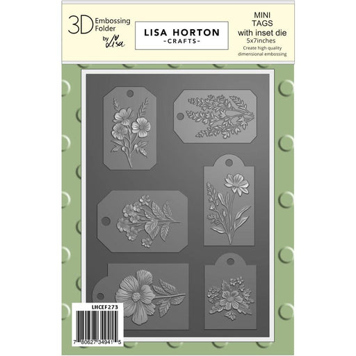Lisa Horton Crafts 3D Mini Tags Embossing Folder with inset die, ideal for cards, tags, and layered paper craft projects.