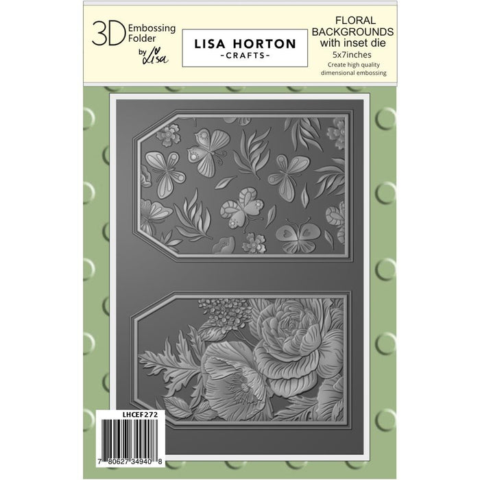 The Lisa Horton Crafts 3D Embossing Folder – Floral Background with Inset Die. Includes two embossing tag panels inset die cuts out each tag 