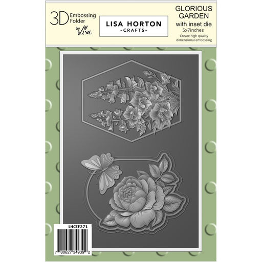 Lisa Horton Crafts 3D Glorious Garden Embossing Folder with inset die, perfect for cards, tags, and layered paper crafts.