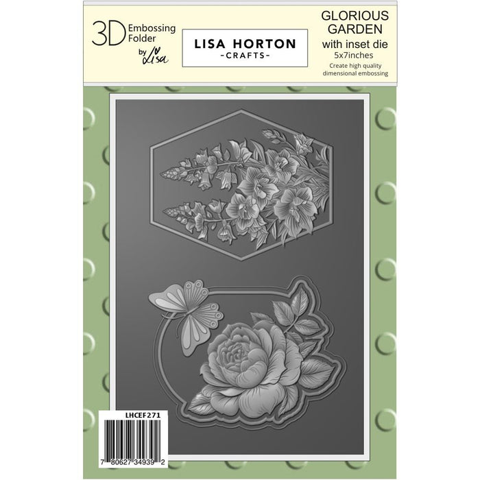 Lisa Horton Crafts 3D Glorious Garden Embossing Folder with inset die, perfect for cards, tags, and layered paper crafts.
