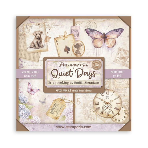 Stamperia Quiet Days 12x12 paper collection with 10 double-sided sheets featuring soft florals and cosy home designs.