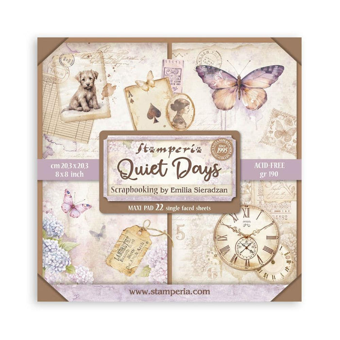 Stamperia Quiet Days 12x12 paper collection with 10 double-sided sheets featuring soft florals and cosy home designs.