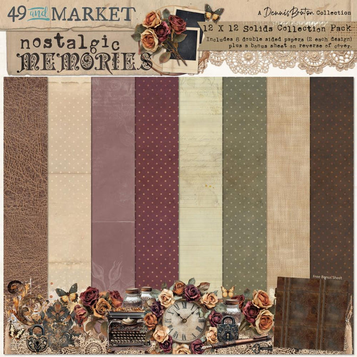 The 49 &amp; Market Nostalgic Memories Solids Collection Pack offers a beautiful range of coordinating 12"x12" solid papers designed to perfectly match the main Nostalgic Memories collection. These premium cardstock-style sheets feature soft vintage tones, subtle textures, and versatile neutrals that add balance, depth, and cohesion to your layouts.