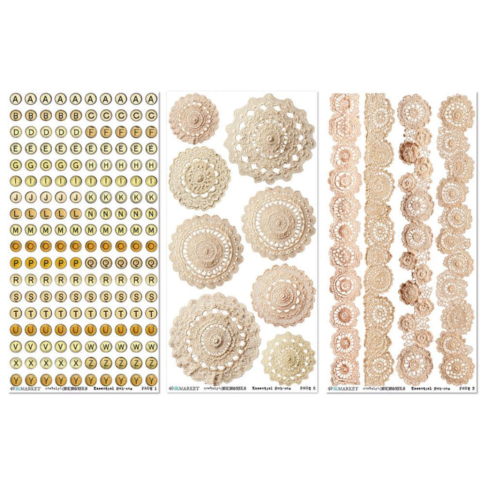 49 & Market Nostalgic Memories rub-ons with vintage florals, labels, and script for scrapbooking and journaling projects.