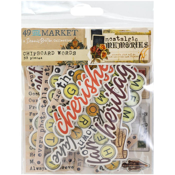 49 & Market Chipboard Words – Nostalgic Memories set with dimensional titles and phrases for scrapbooking and memory crafts. 33 pieces