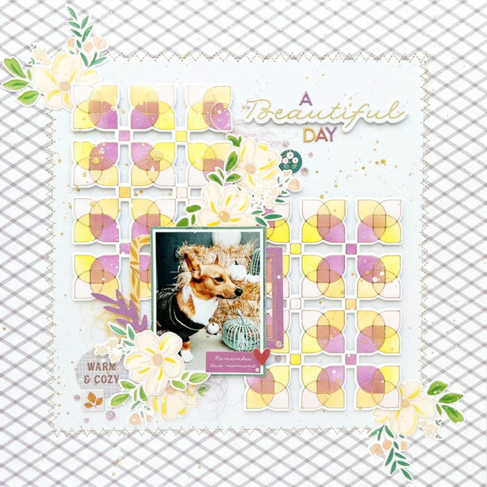 Pinkfresh Studio Overlapping Geo Leaf layering stencil and die used on a scrapbook page.