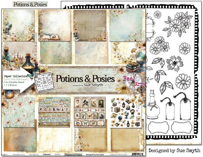 Potions & Posies scrapbooking kit with paper collection, embellishments, and design elements.