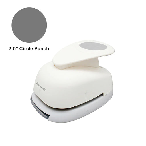 A cream-colored Dress My Craft 2.5" Circle Punch with a gray lever and a gray circle graphic indicating the punch shape and size.