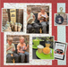 Second page of Echo Park Bookish double page scrapbook layout on deep red patterned paper, featuring multiple photo mounts, heart-print paper, and Salty Sparrow Cafe memorabilia embellishments.