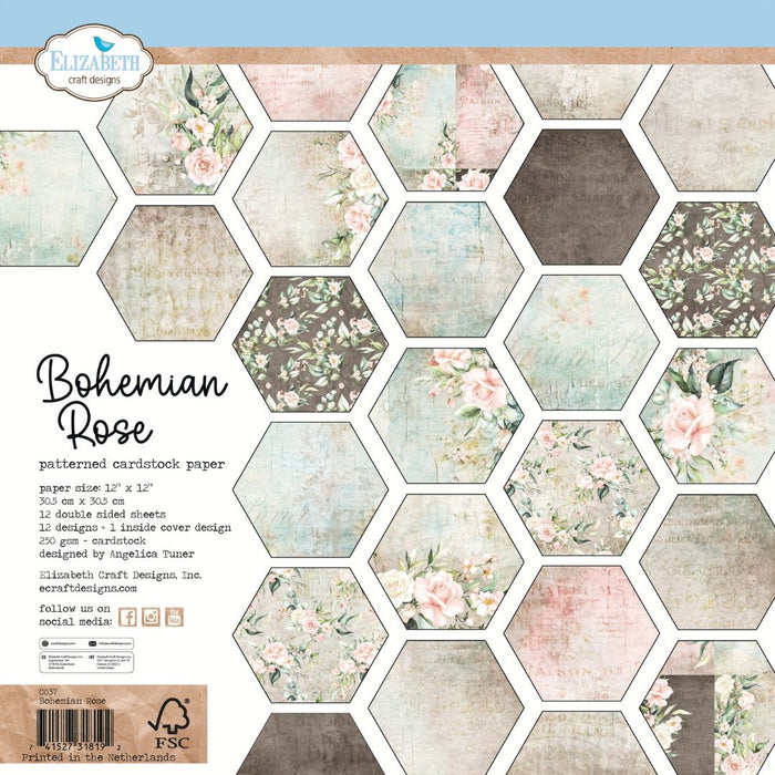 Bohemian Rose paper collection by Elizabeth Craft Designs showing 12x12 cardstock sheets with watercolor roses and vintage textures in a hexagon mosaic.