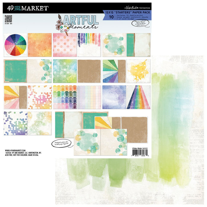 49 and Market Artful Moments 12x12 Starters Paper Pack by Vicki Boutin. Product image showing rainbow color wheels, watercolor bubbles, and geometric scrapbook designs.