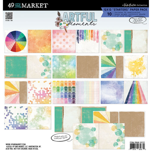49 and Market Artful Moments 12x12 Starters Paper Pack by Vicki Boutin. Product image showing rainbow color wheels, watercolor bubbles, and geometric scrapbook designs.