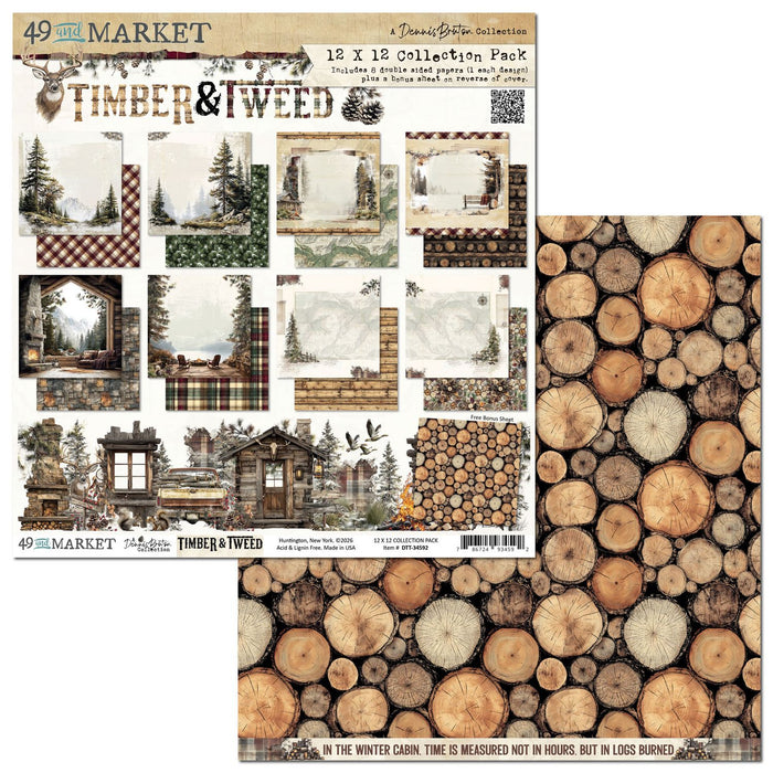 49 and Market Timber & Tweed 12x12 Collection Pack showing forest-themed scrapbook paper with deer, vintage trucks, and plaid patterns.