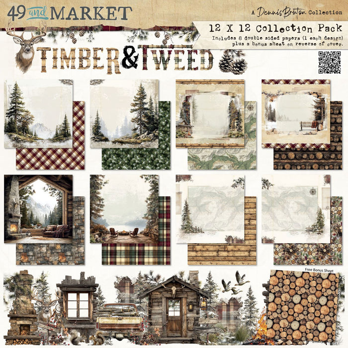 49 and Market Timber & Tweed 12x12 Collection Pack showing forest-themed scrapbook paper with deer, vintage trucks, and plaid patterns.