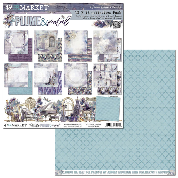 49 and Market Plume & Petal 12x12 Collection Pack by Dennis Bruton. Product image showing 8 double-sided sheets with purple, teal, and vintage musical motifs.