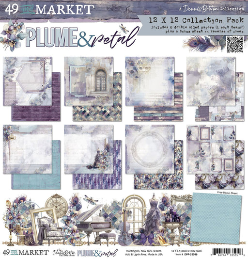 49 and Market Plume & Petal 12x12 Collection Pack by Dennis Bruton. Product image showing 8 double-sided sheets with purple, teal, and vintage musical motifs.