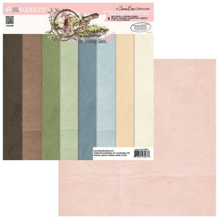 49 and Market The Looking Glass 12x12 Solid Cardstock Pack. Product image showing a spectrum of textured solid papers in green, blue, brown, and cream.