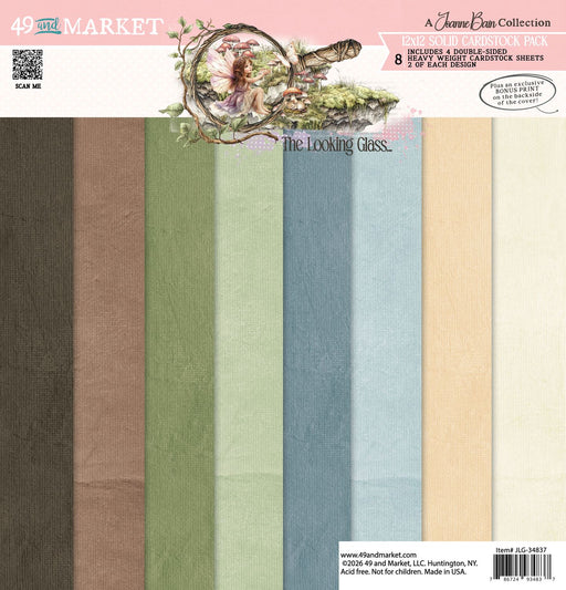 49 and Market The Looking Glass 12x12 Solid Cardstock Pack. Product image showing a spectrum of textured solid papers in green, blue, brown, and cream.