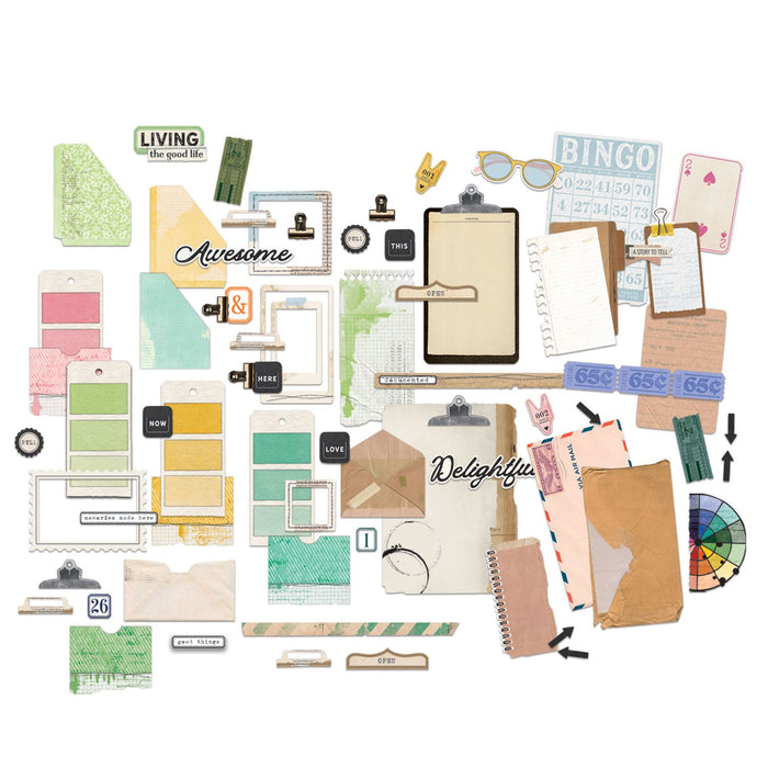 49 and Market Vicki Boutin Artful Moments 6x8 Papercraft Essentials kit showing papers and ephemera pieces.