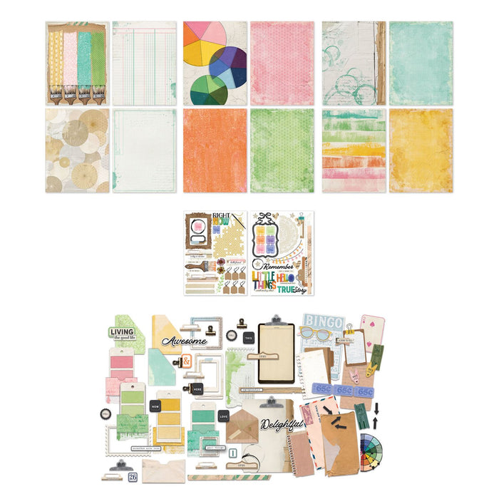 49 and Market Vicki Boutin Artful Moments 6x8 Papercraft Essentials kit showing papers and ephemera pieces.