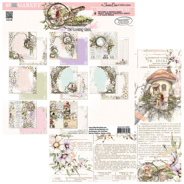 49 and Market The Looking Glass 12x12 Collection Pack by Jeanne Bain. Product image shows fairy and mushroom themed scrapbook paper in purple, green, and yellow.