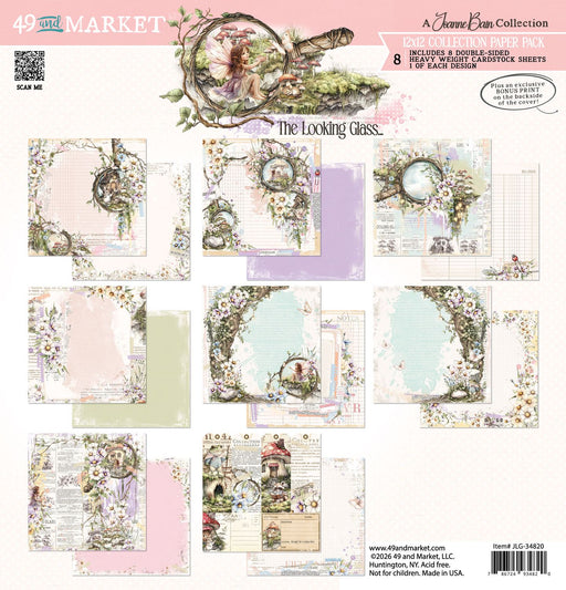 49 and Market The Looking Glass 12x12 Collection Pack by Jeanne Bain. Product image shows fairy and mushroom themed scrapbook paper in purple, green, and yellow.