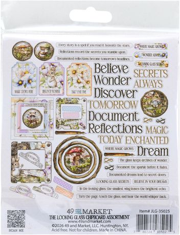 Rear view of 49 & Market "The Looking Glass" chipboard set packaging showing the full assortment of 53 pieces, including circular frames with woodland animal illustrations, floral tags, and various word strips like "Believe," "Wonder," and "Enchanted." Item JLG-35025.