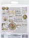 Rear view of 49 & Market "The Looking Glass" chipboard set packaging showing the full assortment of 53 pieces, including circular frames with woodland animal illustrations, floral tags, and various word strips like "Believe," "Wonder," and "Enchanted." Item JLG-35025.