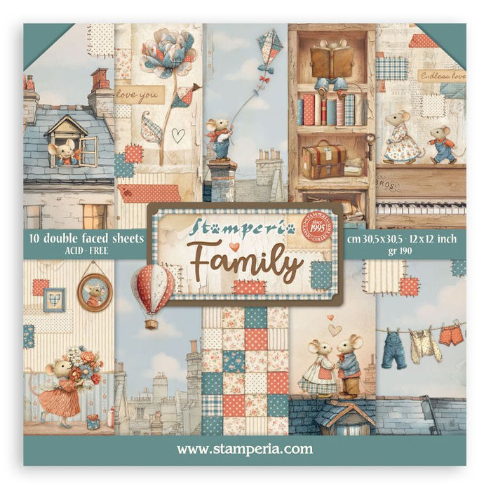 Stamperia Family 12x12 paper pack with whimsical illustrated family designs