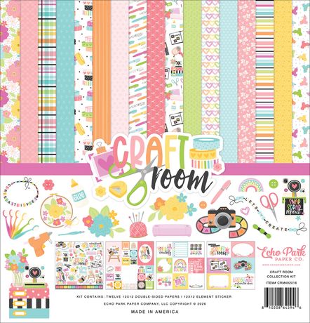 Echo Park Craft Room 12x12 Collection Kit showing a fan of colorful double-sided papers with patterns of sewing machines, craft tools, and vibrant stripes.