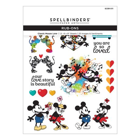 A sheet of Spellbinders rub-ons featuring Mickey and Minnie Mouse in various romantic poses. Includes black and white illustrations, colorful heart-filled silhouettes, and the text "with all my love" and "you stole my heart."