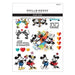 A sheet of Spellbinders rub-ons featuring Mickey and Minnie Mouse in various romantic poses. Includes black and white illustrations, colorful heart-filled silhouettes, and the text "with all my love" and "you stole my heart."