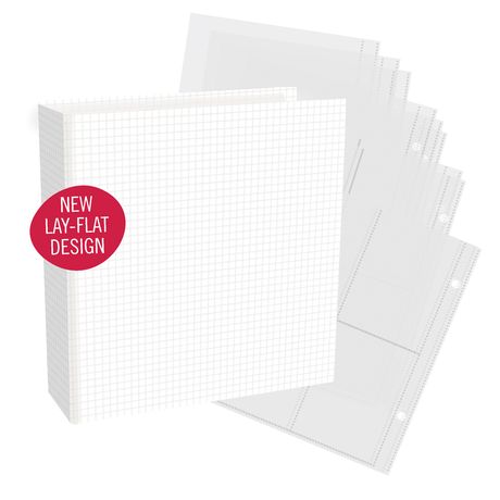 Simple Stories SN@P! Binder 6x8 in Simple Grid pattern with lay-flat spine and assorted clear pocket page protectors.