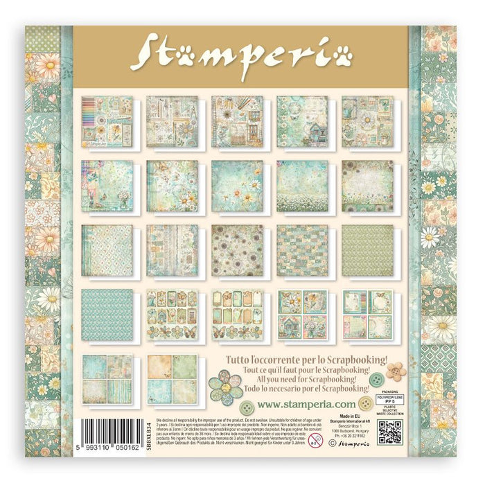 Stamperia Daisy Art 12x12 Maxi Paper Pad featuring daisy illustrations, butterflies, garden jars, and teals/yellow colors.