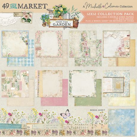 49 and Market "From The Garden" 12x12 Collection Pack showing a variety of double-sided papers with watercolor flowers, vintage ledger patterns, and sage green textures.