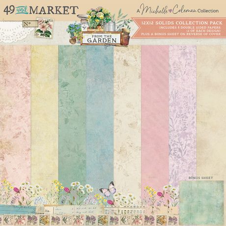 49 and Market "From The Garden" 12x12 Solids Collection Pack featuring eight double-sided papers in textured shades of pink, sage green, blue, and cream.