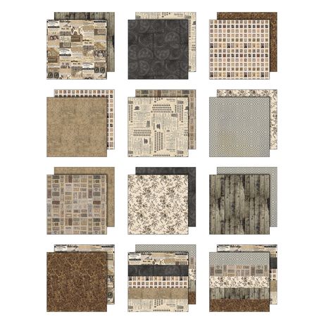 Gallery view of the 12 double-sided paper designs from the Tim Holtz Neutral Palette Collection, featuring florals, woodgrains, and vintage text.