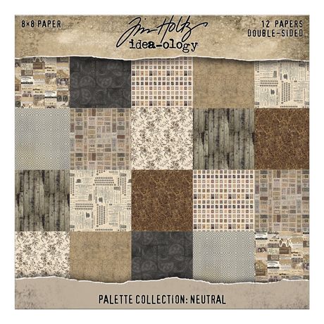 Front cover of Tim Holtz Idea-ology Neutral 8x8 Palette Paper pack showing a grid of vintage designs in cream, tan, gray, and charcoal.